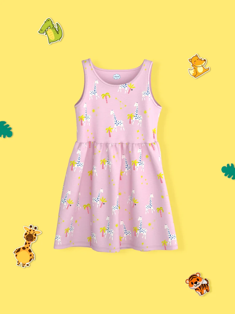 Nautianti Girls' 100% Cotton All-over Palm Tree, Giraffe Print Fit & Flare Dress